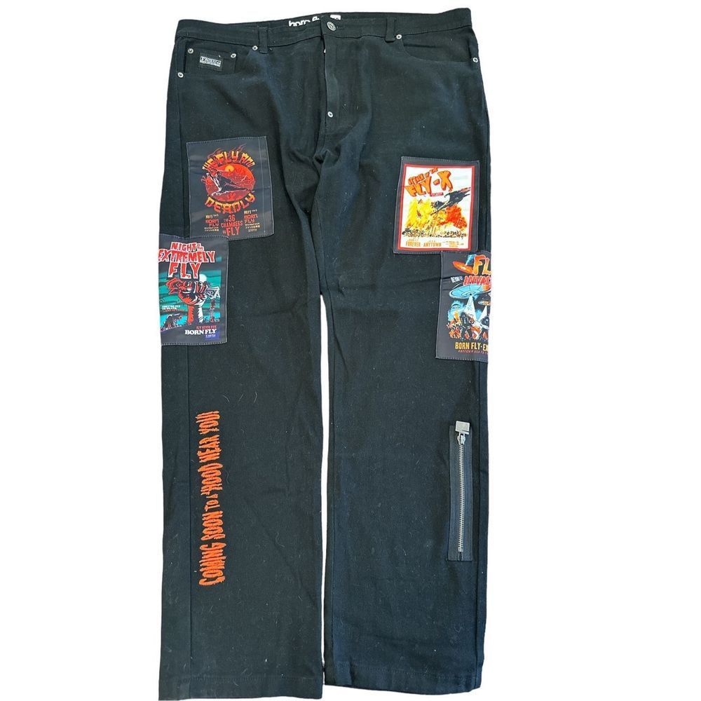 Born Fly Men’s Black Jeans w Fly Patchwork and Anytown U.S.A, Logo  42x32  Excel